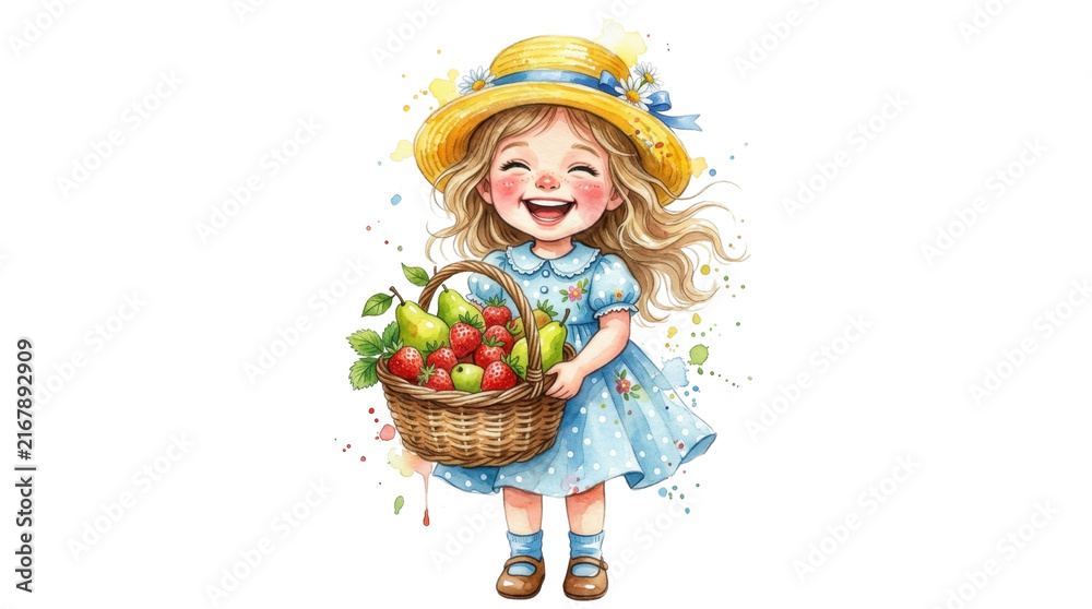 Fototapeta premium Watercolor illustration of young happy girl holding basket filled with fresh berries.