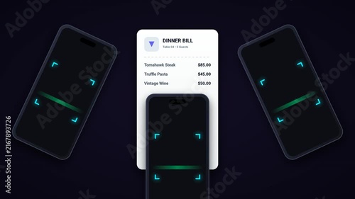 Three Smartphones Scanning QR Code Receipt, Split Bill Payment