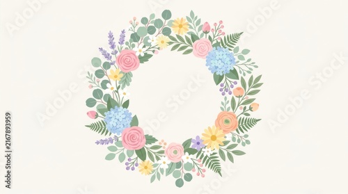 A floral wreath with pastel colors and greenery, set against a white background.