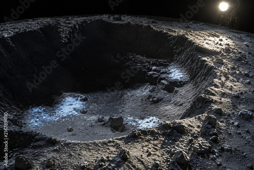 Fototapeta Lunar surface diorama with ice patches in shadowed crater, Chandrayaan-2 water on moon discovery concept.