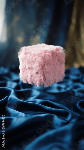 Pink Cotton Candy Cube on Blue Satin Fabric in Forest Setting.