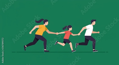 Stylized vector illustration of a family running and exercising together