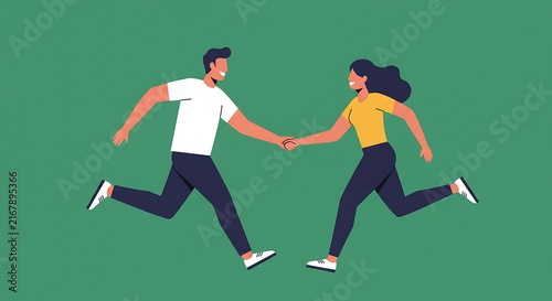 People running hand in hand vector illustration on green background