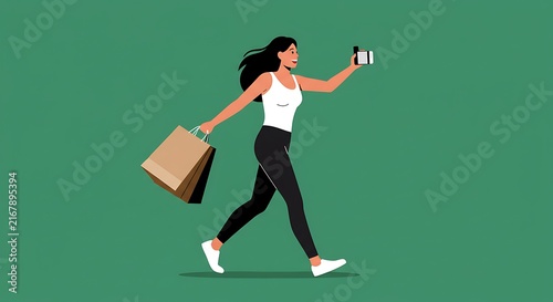 Active woman with shopping bags and mobile phone on green background