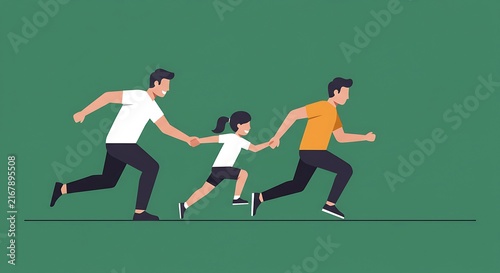 Family running together in stylized vector graphic illustration on green
