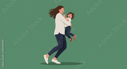 Happy mother carries laughing child in joyful celebration togetherness