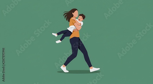 Mother carrying child walking together in simple graphic style