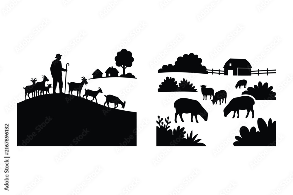 Obraz premium Rural farm landscape silhouettes with shepherds goats sheep and barn structures