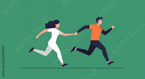 Couple running together graphic illustration flat design on green backdrop