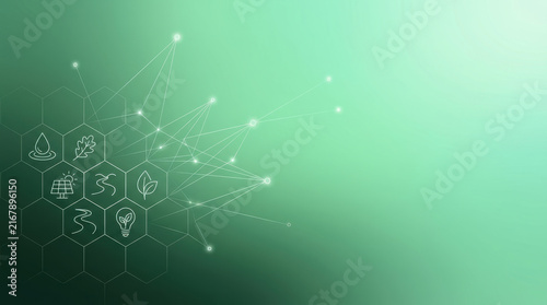 Abstract green technology background with hexagonal grid network and renewable energy icons.