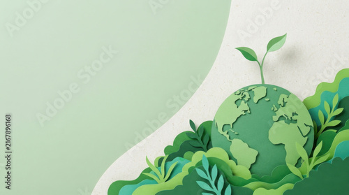 Eco-friendly concept paper cut art of a green Earth globe with a sprouting plant on layered leaves.