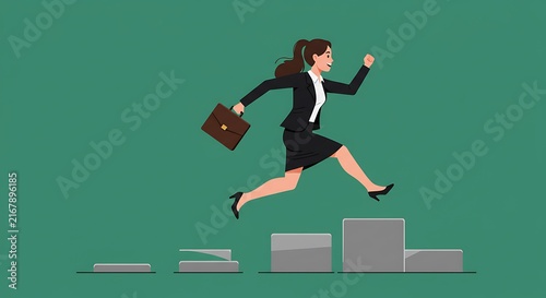 Business woman jump over steps concept illustration in career growth