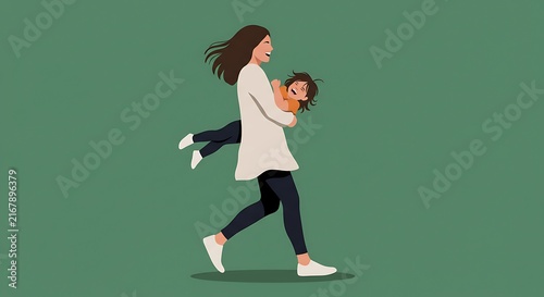 Smiling woman carrying laughing child in vector art illustration