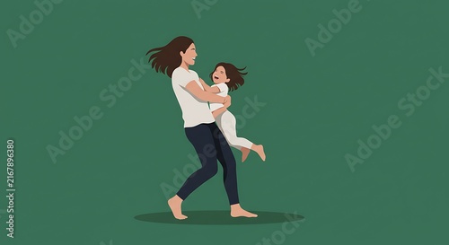 Happy woman holding little girl cartoon illustration playful moment