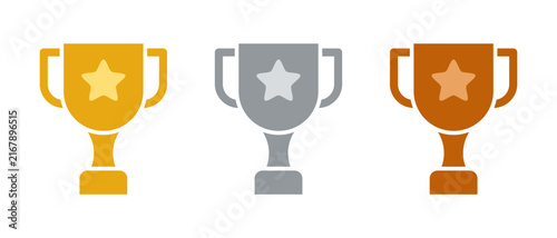 trophy cup 1st 2nd 3rd place awards, golden silver bronze prize flat vector set