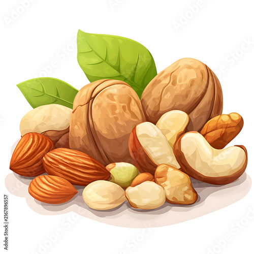Premium mixed nuts isolated on white background, healthy snack assortment with almonds, cashews, walnuts.