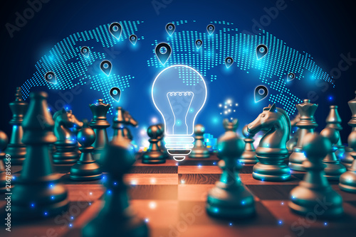 Chess symbolizes the company, the light bulb symbolizes growth, resilience, and triumph, and the world map symbolizes strategic decision-making and competing on a global stage.
