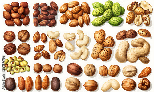 Premium mixed nuts isolated on white background, healthy snack assortment with almonds, cashews, walnuts.