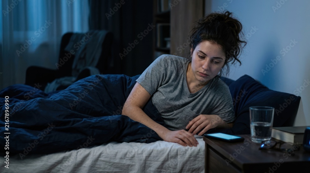 Fototapeta premium A woman lying in bed with a smartphone and a glass of water on her bedside table.