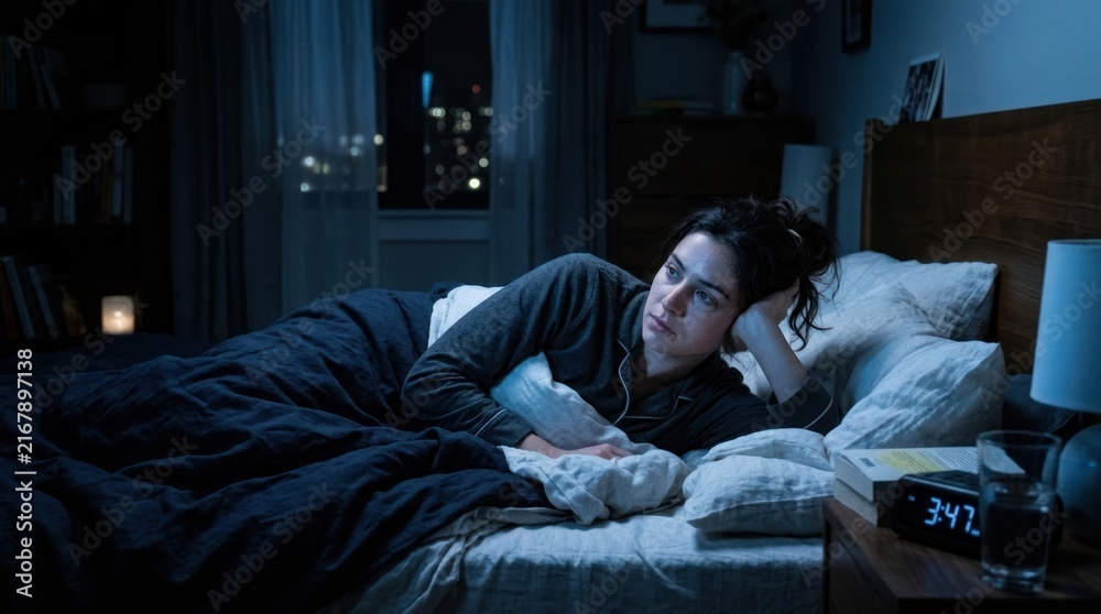 Fototapeta premium A woman lying in bed with an alarm clock on the bedside table.