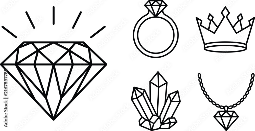 Fototapeta premium Luxury diamond gem and royal crown line icons set with wedding ring crystal necklace isolated on white background