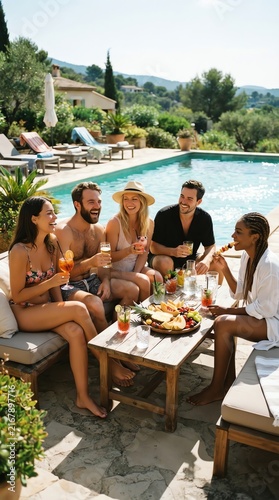 Relaxing Outdoor Poolside Gathering with Friends and Food.