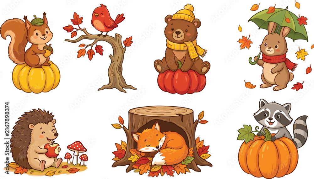 Obraz premium Cute autumn forest animals set featuring fox bear squirrel hedgehog rabbit raccoon and bird with leaves and pumpkin