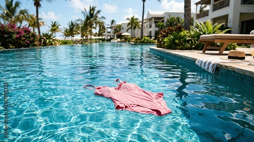 Relaxing Poolside Scene with Towel and Lounge Chairs.