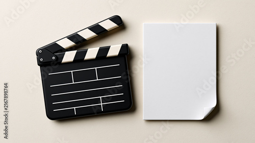 Black clapperboard and blank white document on neutral background create clean setting for film planning and creative production