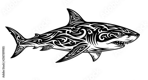 Black and white shark tattoo design.