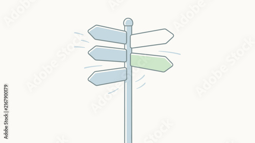 Cartoon-style signpost with directional arrows pointing left and right, blue, green, white signs