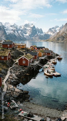 Scenic Norwegian Fjord Village with Mountain Backdrop and Boats.