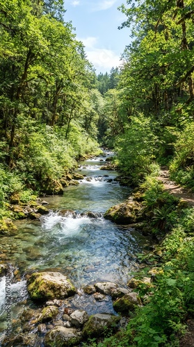 Serene Forest Stream Flowing Through Lush Green Trees.