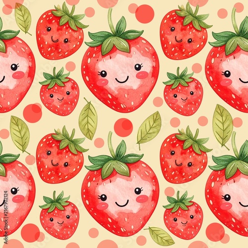 Seamless Watercolor Cute Strawberry Character Pattern on Beige Background