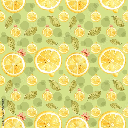 Seamless Watercolor Lemon Slice Pattern on Light Green Background