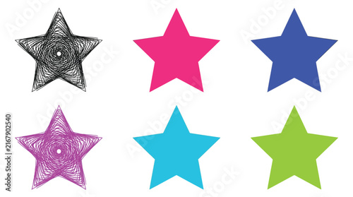 Colorful collection of six unique star shapes including hand drawn scribbles and solid vibrant designs