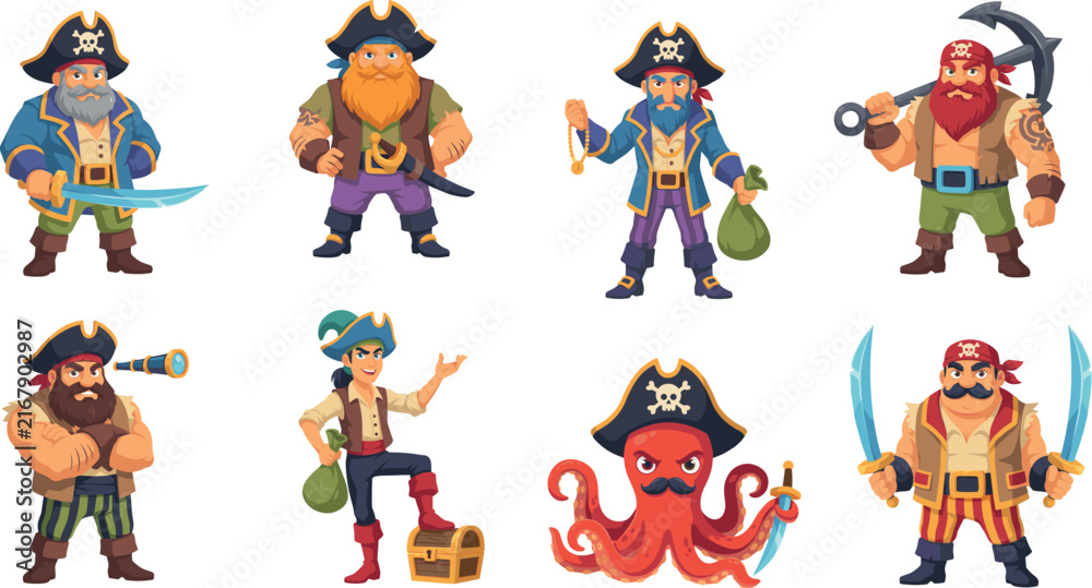 Fototapeta premium Cute cartoon pirate characters set with captain crew octopus treasure chest anchor and swords flat vector illustration