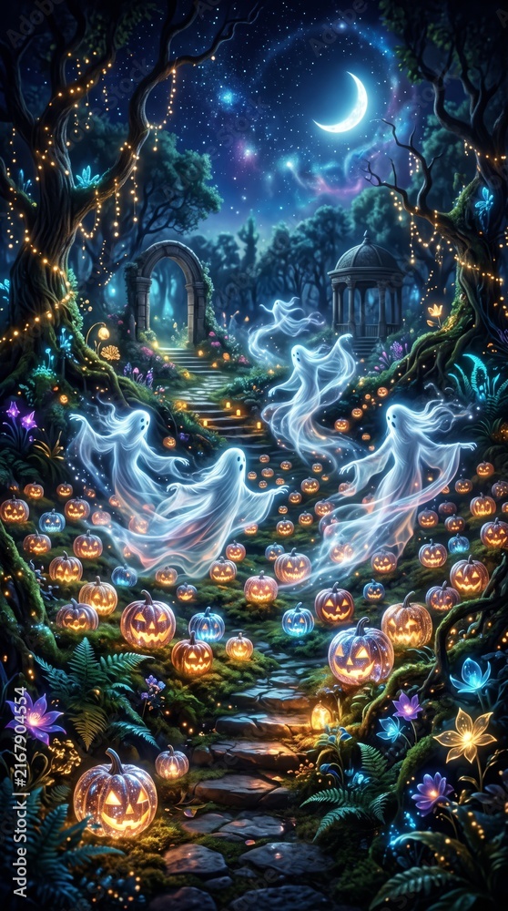 Fototapeta premium Mysterious spirits twirling around glowing pumpkin lanterns in an enchanting forest under the night sky