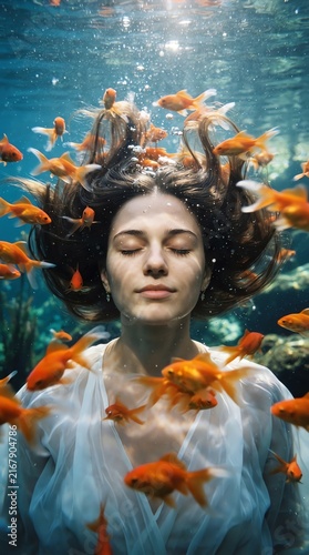 Serene Woman Floating Underwater Surrounded by Colorful Fish.