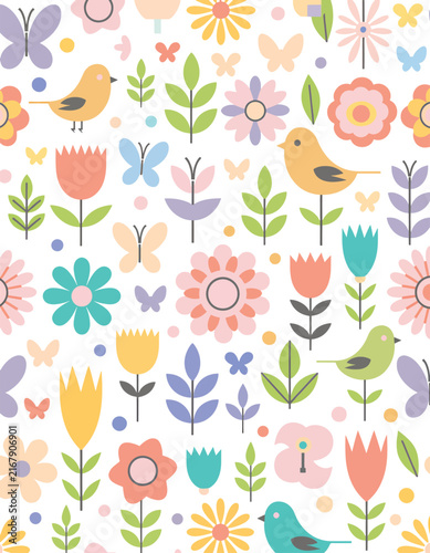 Colorful floral pattern with leaves and blooms on white background.