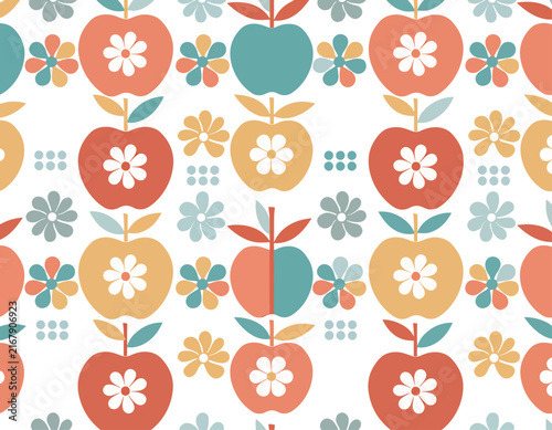 Colorful floral pattern with leaves and floral motifs.