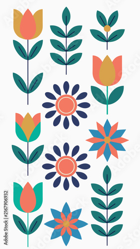 Colorful floral pattern with leaves and flowers design.