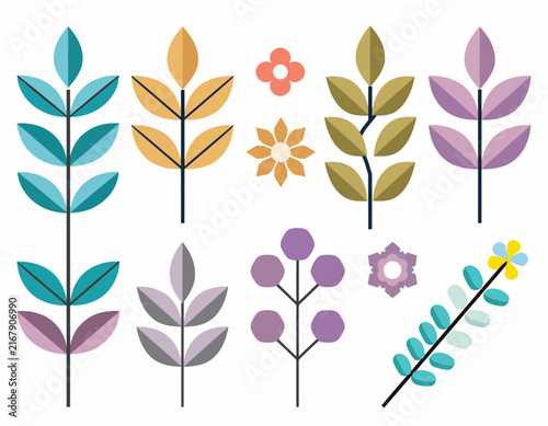 Colorful floral pattern with leaves and petals in pastel hues.
