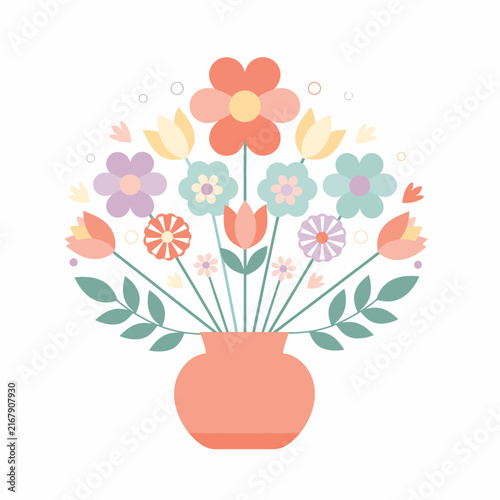 Colorful floral wreath with heart shaped center and leaves.