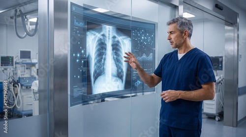 A male doctor in blue scrubs examines a digital chest x ray display in a hospital with radiograph transparent touchscreen medical professional reviews