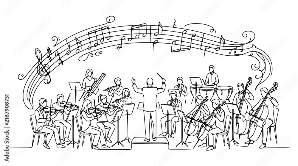 Fototapeta premium Orchestra performance, conductor leading musicians playing instruments, musical notes