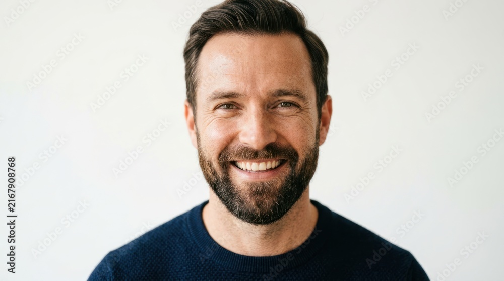 Fototapeta premium A man with a beard smiling against a white background.