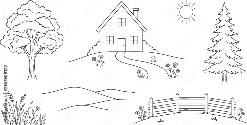 Fototapeta premium Country House and Nature Landscape Vector Icon Set for Rural Environment Graphic Designs