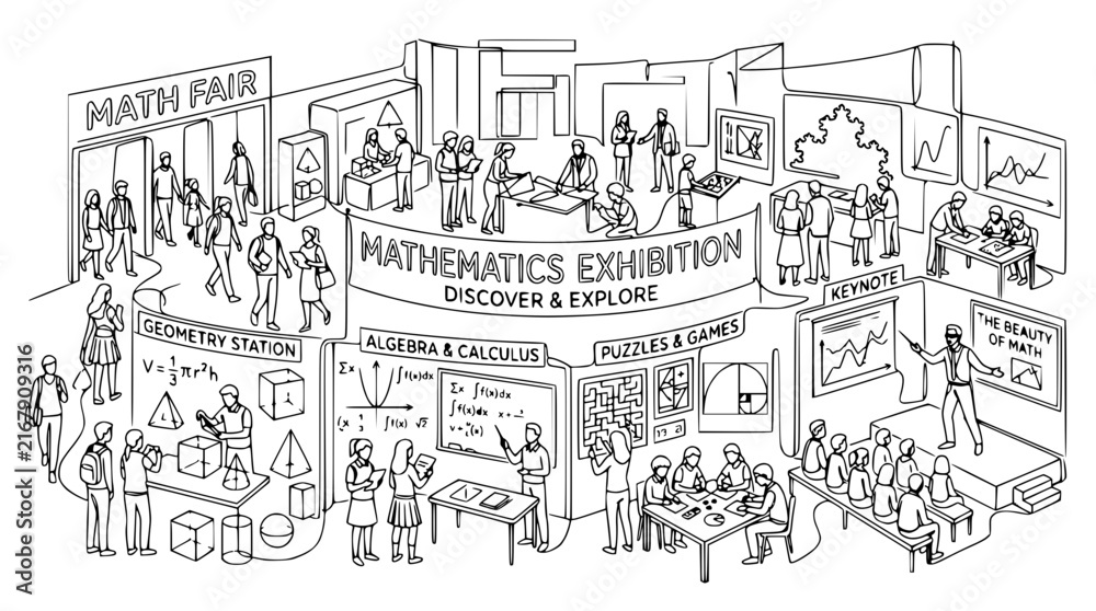 Obraz premium Mathematics Exhibition, People Learning & Exploring Science, Education Event, Drawing