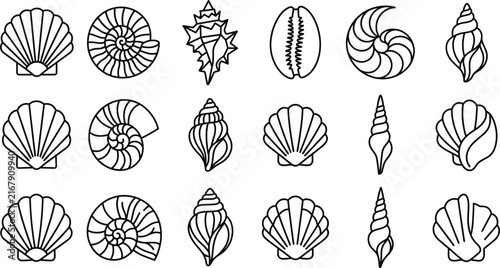 Fotografie Seashell and marine life line icons vector set featuring scallop nautilus conch